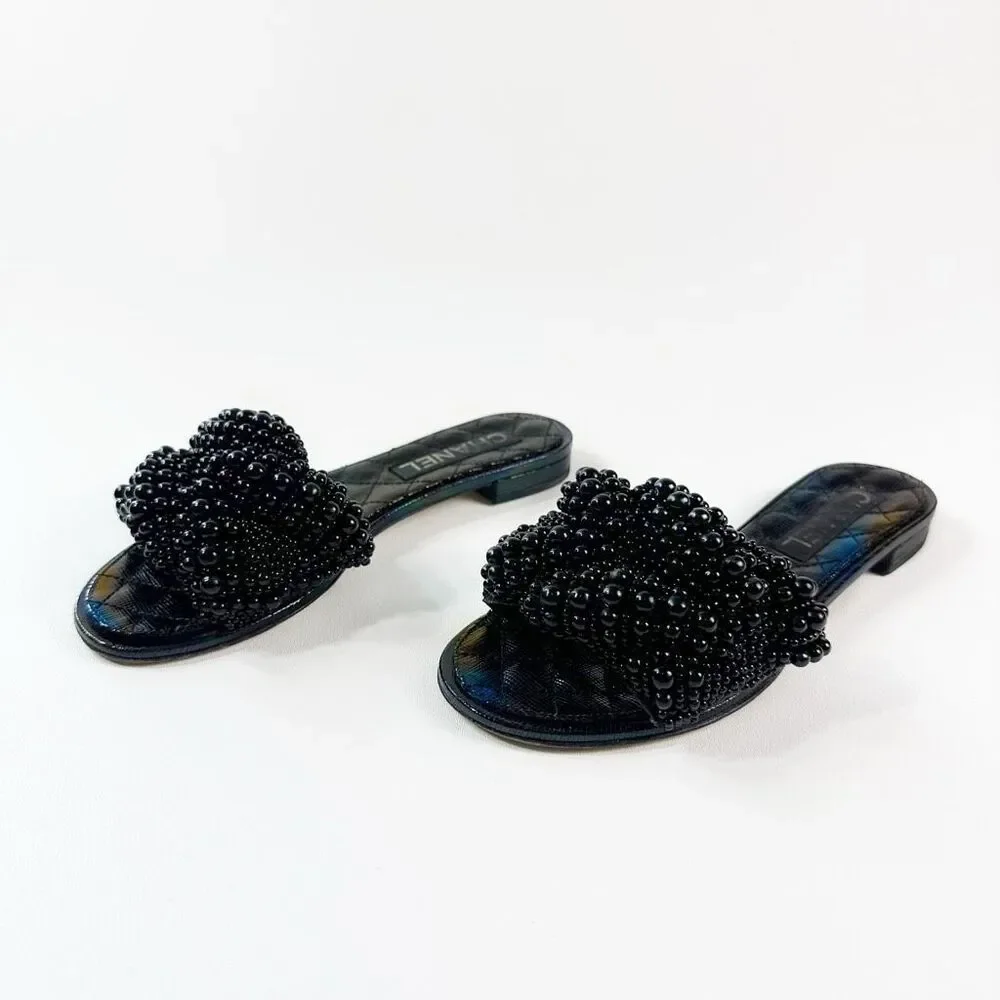 CHANEL Black Fantasy Pearl Cord Sandals Size 37 Mules Open Toe Slides CC Flat